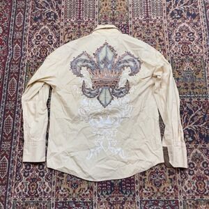 VTG 00s Caviar Dremes Cream Fleur De Lis Crown Graphic Button Down Shirt Medium